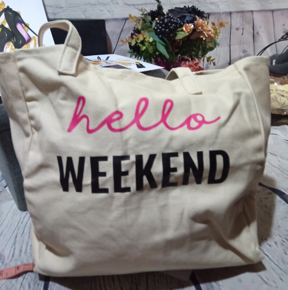 See Updated listing Max offer's Hello Weekend Pink Word print Large Totebag - Picture 7 of 15